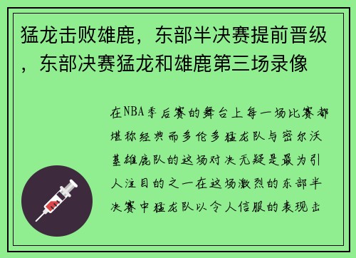 猛龙击败雄鹿，东部半决赛提前晋级，东部决赛猛龙和雄鹿第三场录像