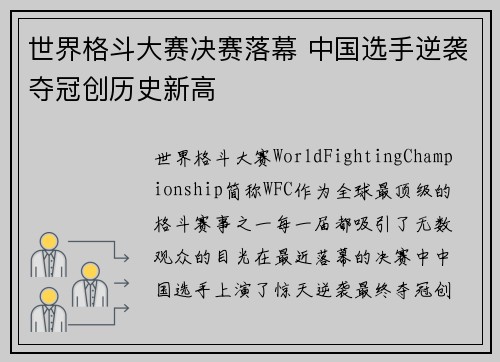 世界格斗大赛决赛落幕 中国选手逆袭夺冠创历史新高